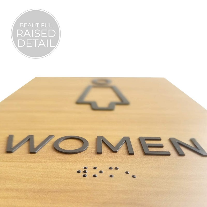 SBlabels Men And Women Restroom Sign Set/Non-Wheelchair Accessible With Braille Bathroom Signs / 6" x 9" Oak Woodgrain Design - Image 3
